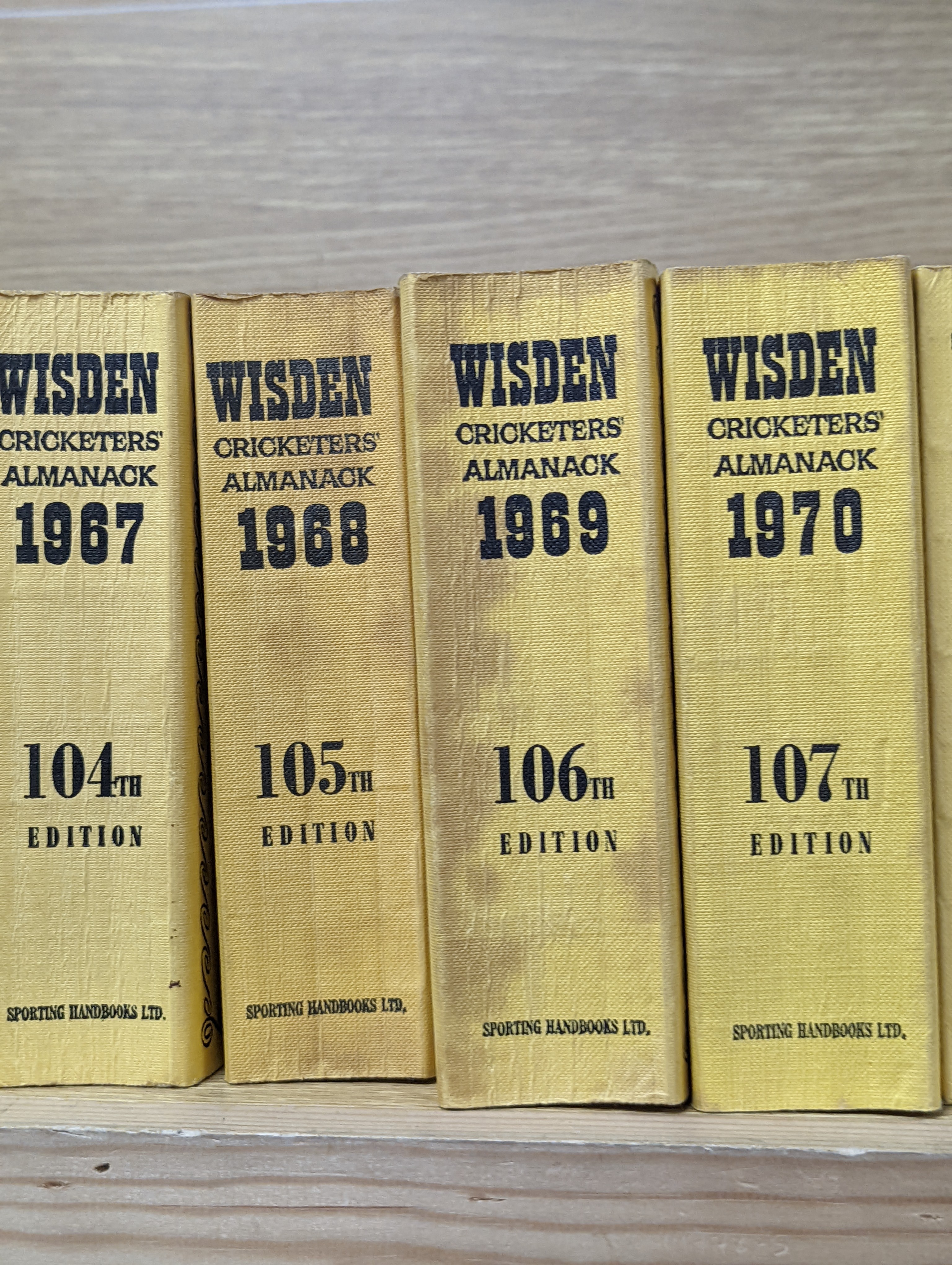 Wisdens Almanack, 73 volumes, 1947-1964, 1966-2020 and one other Wisden edition “On the Ashes”.